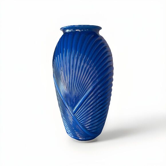 Art Deco Draped Ribbed Pleated Royal Cobalt Blue Glass Vase Vintage Iridescent - Picture 4 of 16